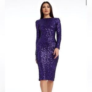 Dress the Population Shimmering sequin Purple Long Sleeve Dress low back nwt M